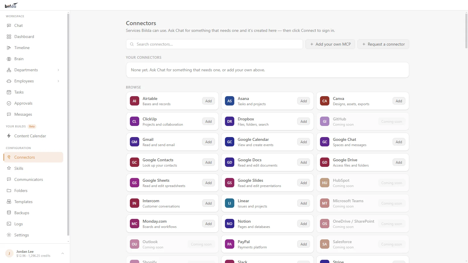 Biilda’s Connectors tab: a search box and a grid of services including Gmail, Google Calendar, Google Drive, Notion, Asana and Linear, each with an Add button.