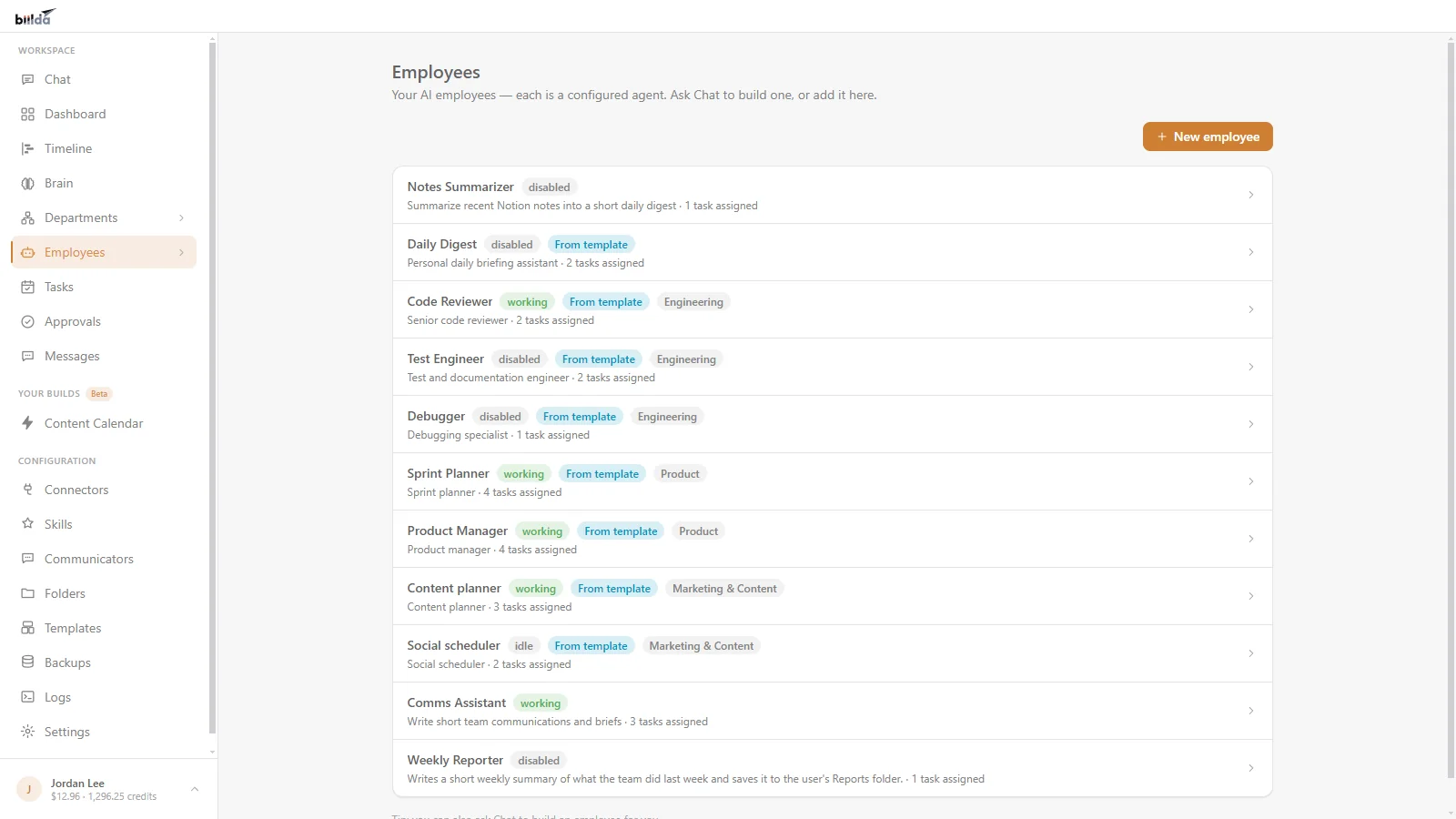 Biilda’s Employees tab: a list of AI employees such as Code Reviewer, Sprint Planner and Weekly Reporter, each with a status, a department tag and a count of assigned tasks.