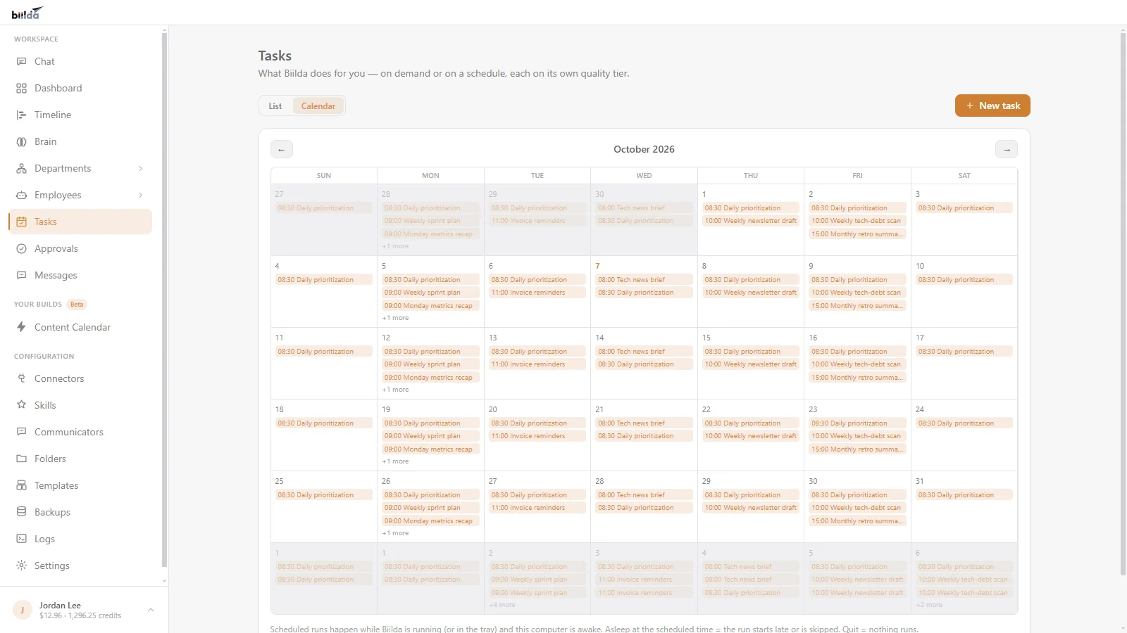 Biilda’s Tasks tab in calendar view for October 2026, with scheduled tasks such as Daily prioritization, Weekly sprint plan and Invoice reminders on their days and times.