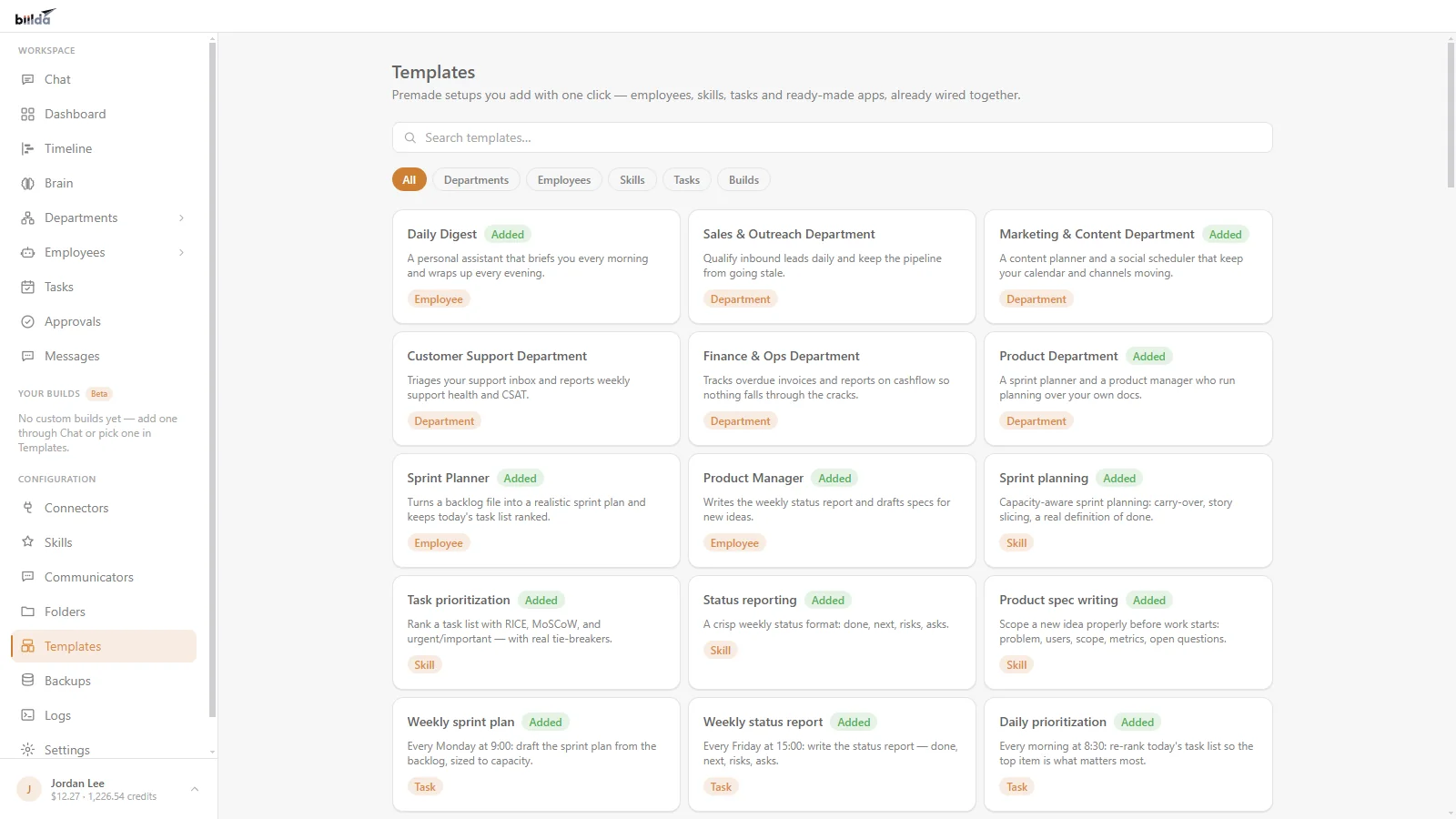 Biilda’s Templates tab: a search box, filters for departments, employees, skills, tasks and builds, and cards for ready-made setups such as the Daily Digest, Sales & Outreach Department, Customer Support Department and Finance & Ops Department, with the ones already added marked.